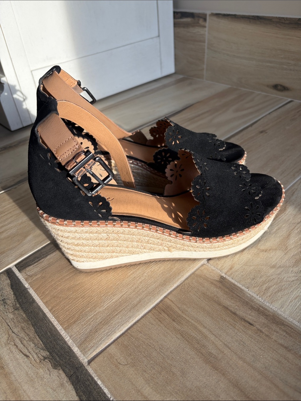 Crown Vintage Black Suede Laser-Cut Espadrille Wedge Sandals